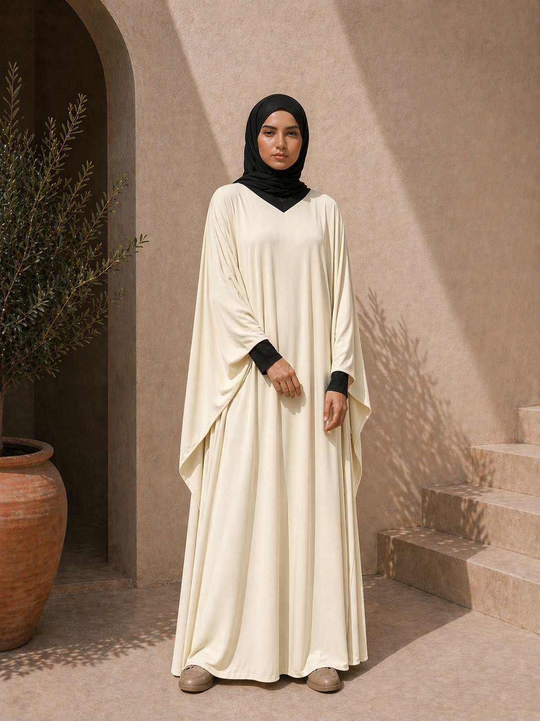 Photo d'une abaya beige 1 pièce Col V bi-colore