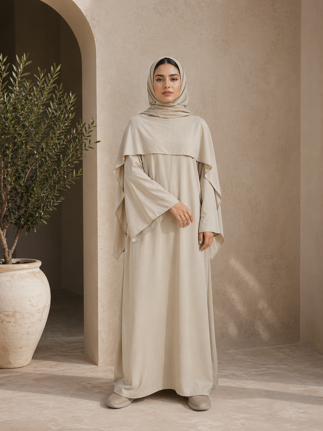 Abaya Robe Cape avec Foulard en Jazz beigelégère élégante et fluide