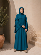 Abaya Robe Cape avec Foulard en Jazz bleu canard légère élégante et fluide