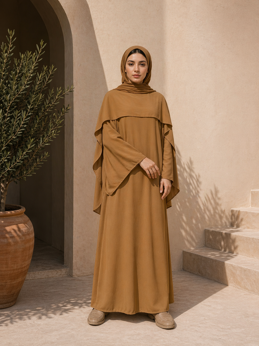 Abaya Robe Cape avec Foulard en Jazz bronze légère élégante et fluide