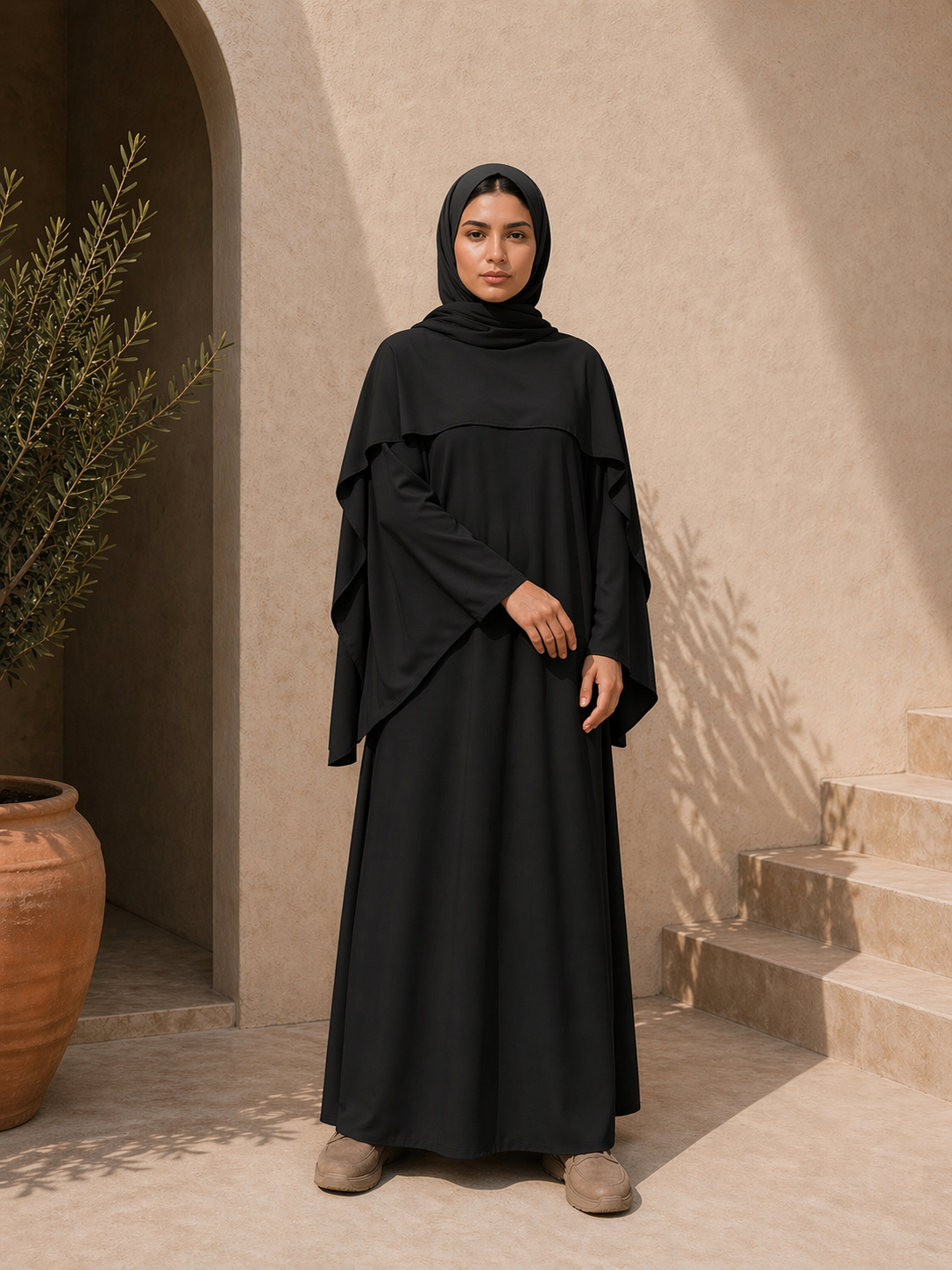 Abaya Robe Cape avec Foulard en Jazz noire légère élégante et fluide