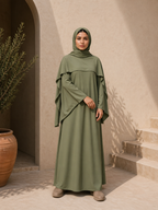 Abaya Robe Cape avec Foulard en Jazz vert kaki légère élégante et fluide