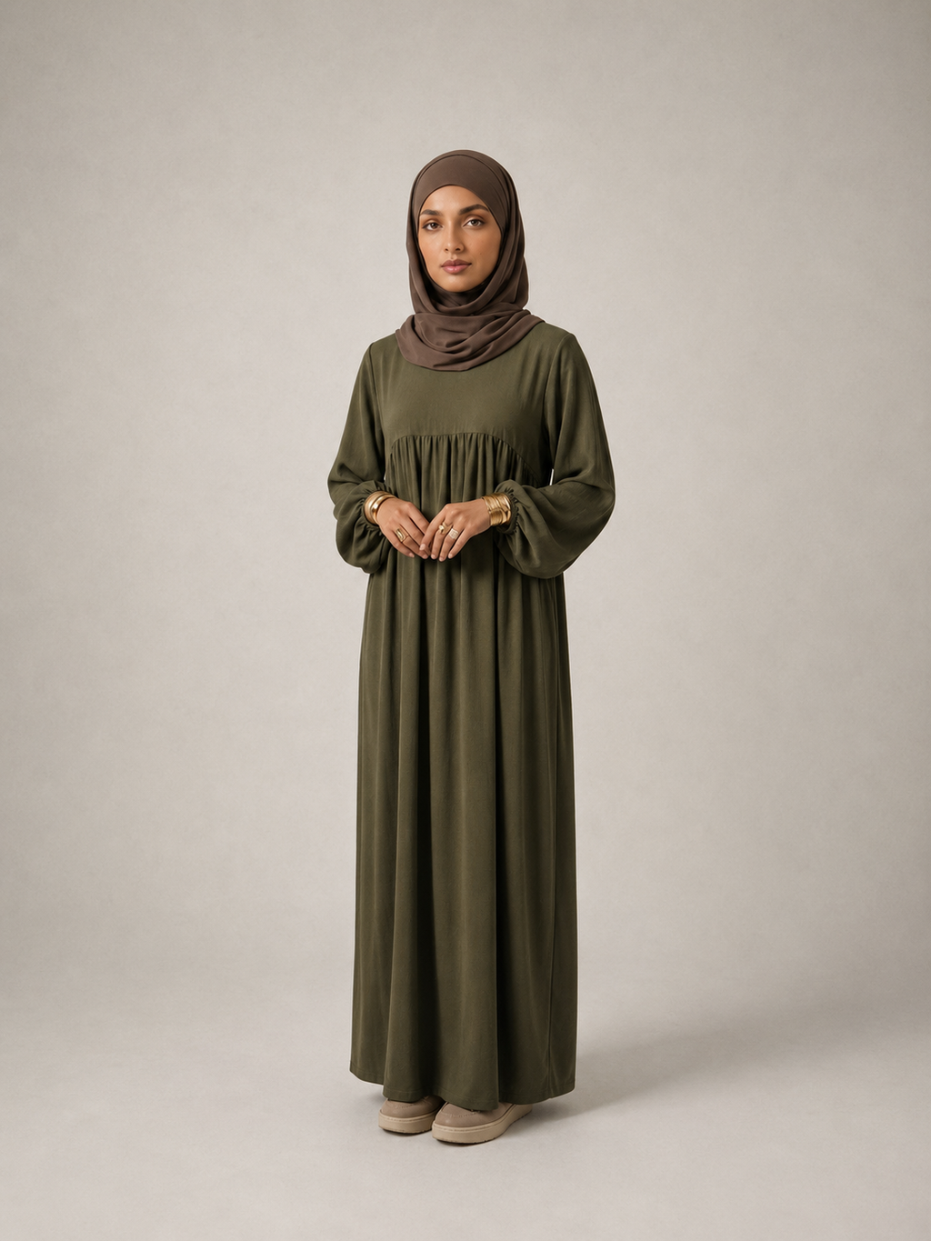 Abaya kaki avec manches ballon taille unique en polyester zaydin Istres 
