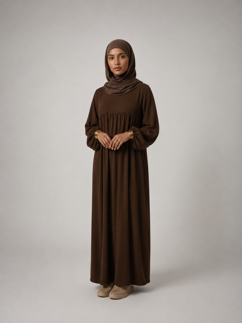 Abaya marron avec manches ballon taille unique en polyester zaydin Istres 