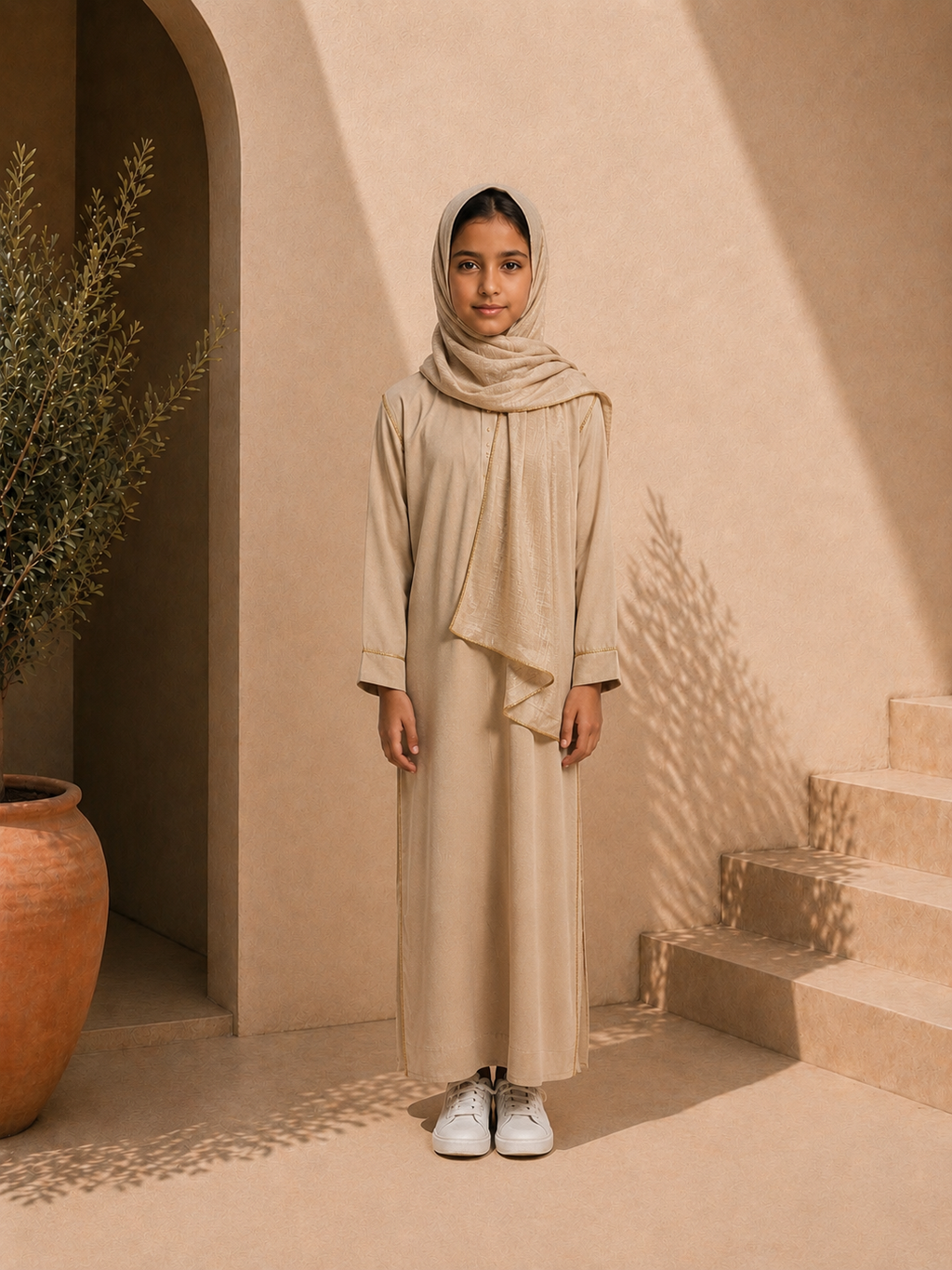 Abaya ou robe beige en jazz 1 pièce avec foulard intégré pour filles 6 à 16ans ultra confortable et légère pour l'été