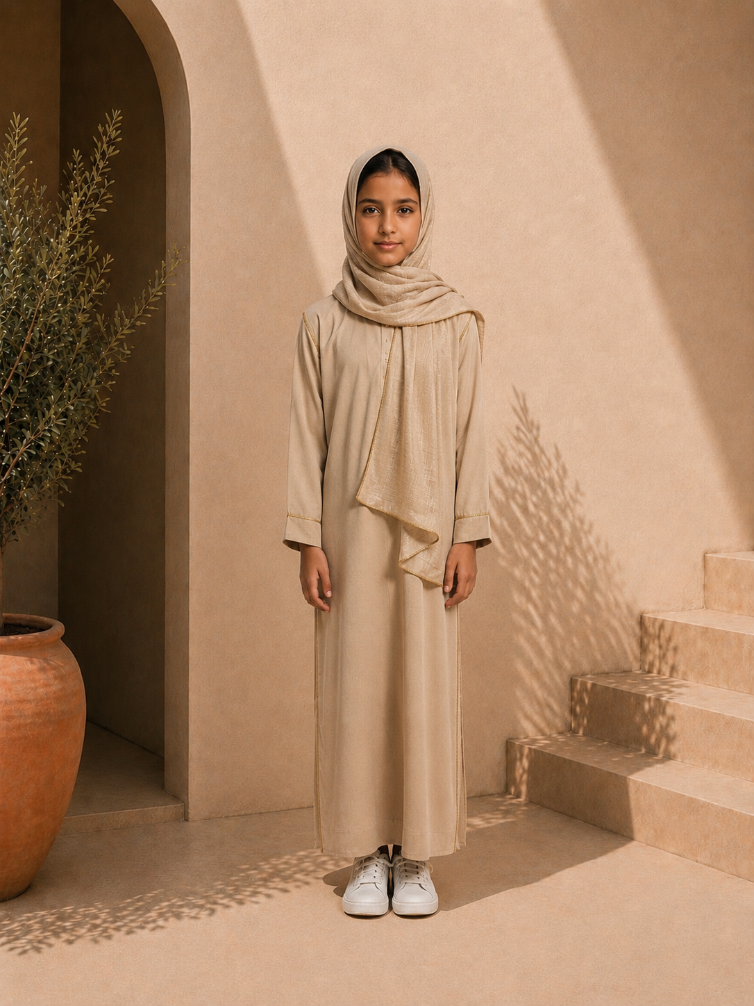 Abaya ou robe beige en jazz 1 pièce avec foulard intégré pour filles 6 à 16ans ultra confortable et légère pour l'été