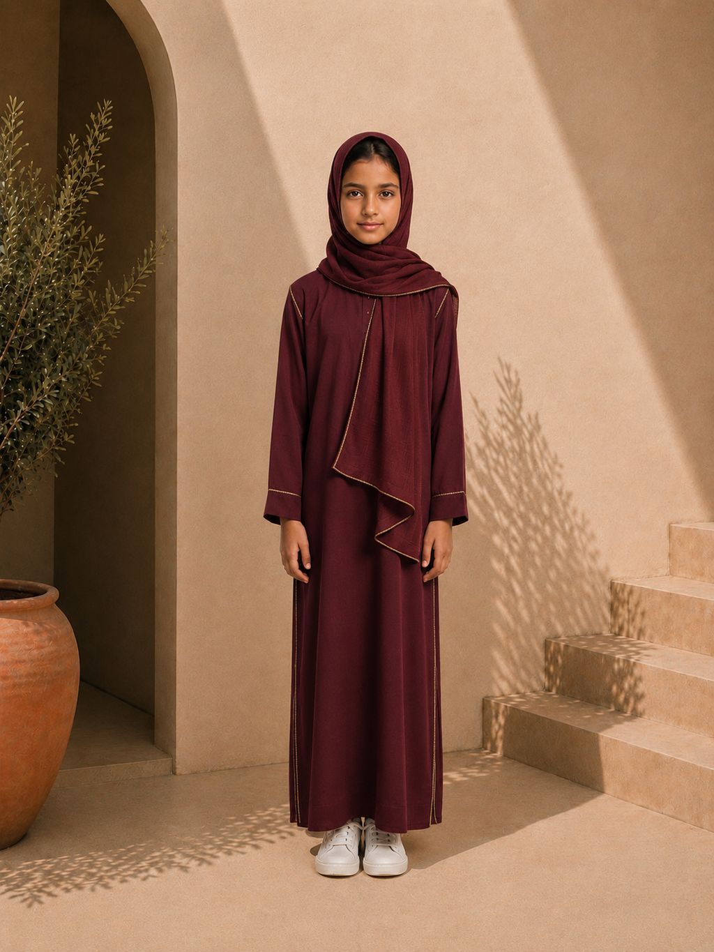 Abaya ou robe bordeaux en jazz 1 pièce avec foulard intégré pour filles 6 à 16ans ultra confortable et légère pour l'été