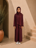 Abaya ou robe bordeaux en jazz 1 pièce avec foulard intégré pour filles 6 à 16ans ultra confortable et légère pour l'été