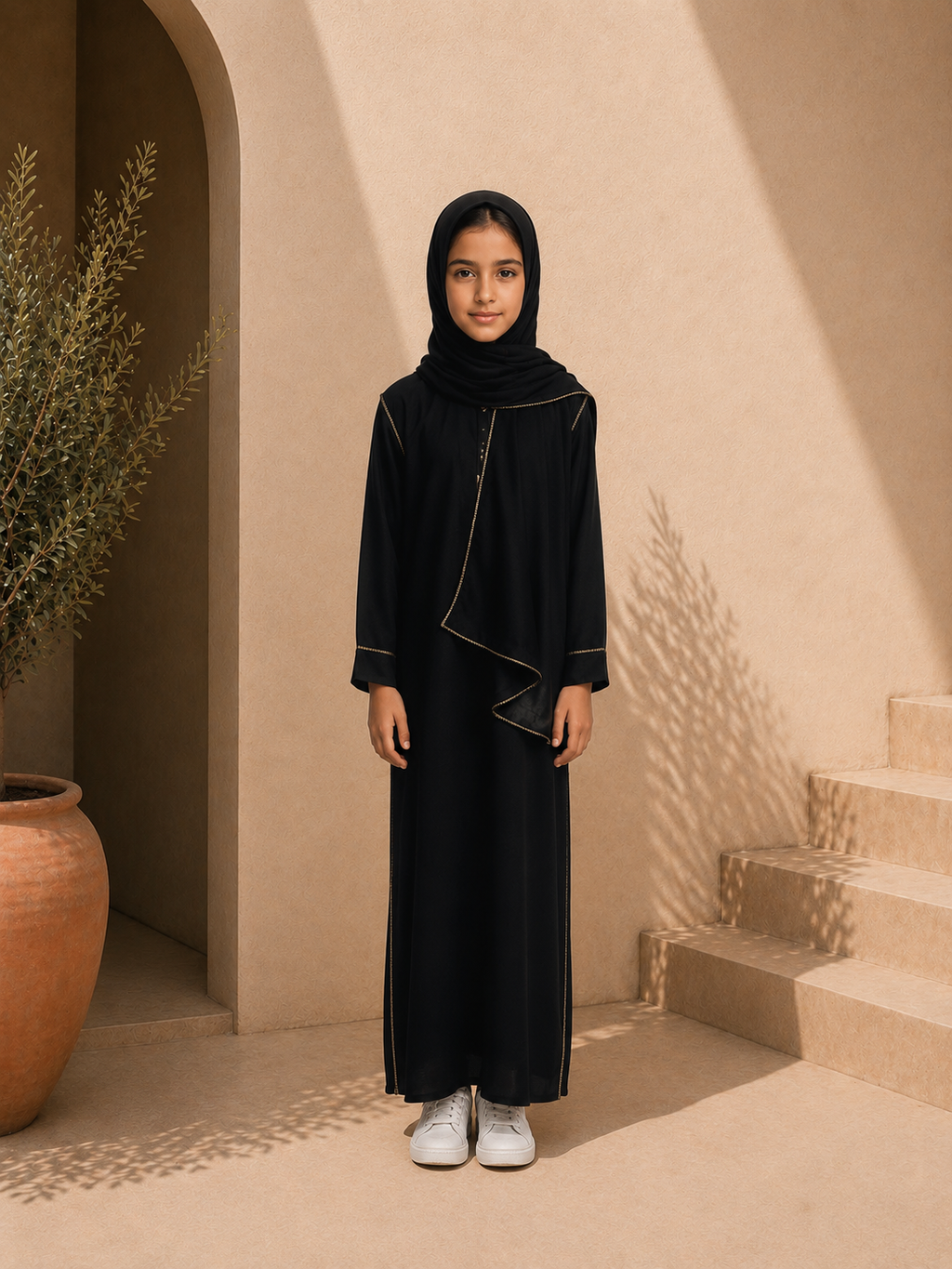 Abaya ou robe noire en jazz 1 pièce avec foulard intégré pour filles 6 à 16ans ultra confortable et légère pour l'été
