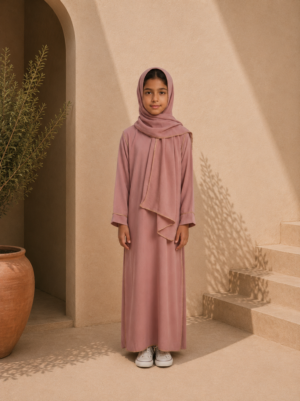 Abaya ou robe rose en jazz 1 pièce avec foulard intégré pour filles 6 à 16ans ultra confortable et légère pour l'été