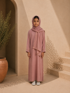 Abaya ou robe rose en jazz 1 pièce avec foulard intégré pour filles 6 à 16ans ultra confortable et légère pour l'été