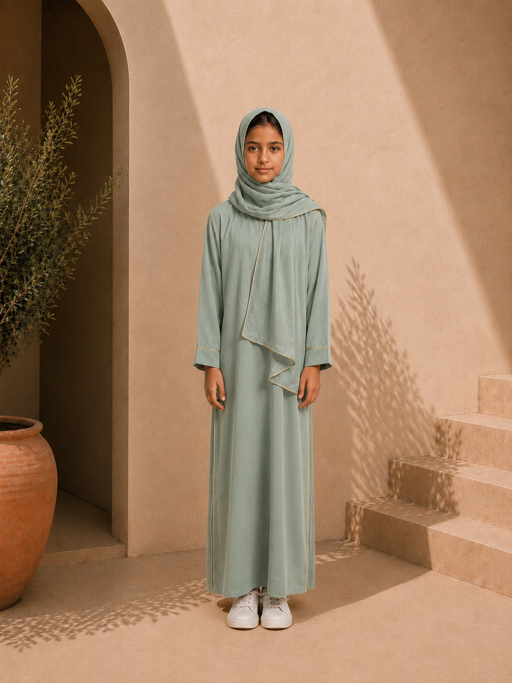 Abaya ou robe vert d'eau en jazz 1 pièce avec foulard intégré pour filles 6 à 16ans ultra confortable et légère pour l'été