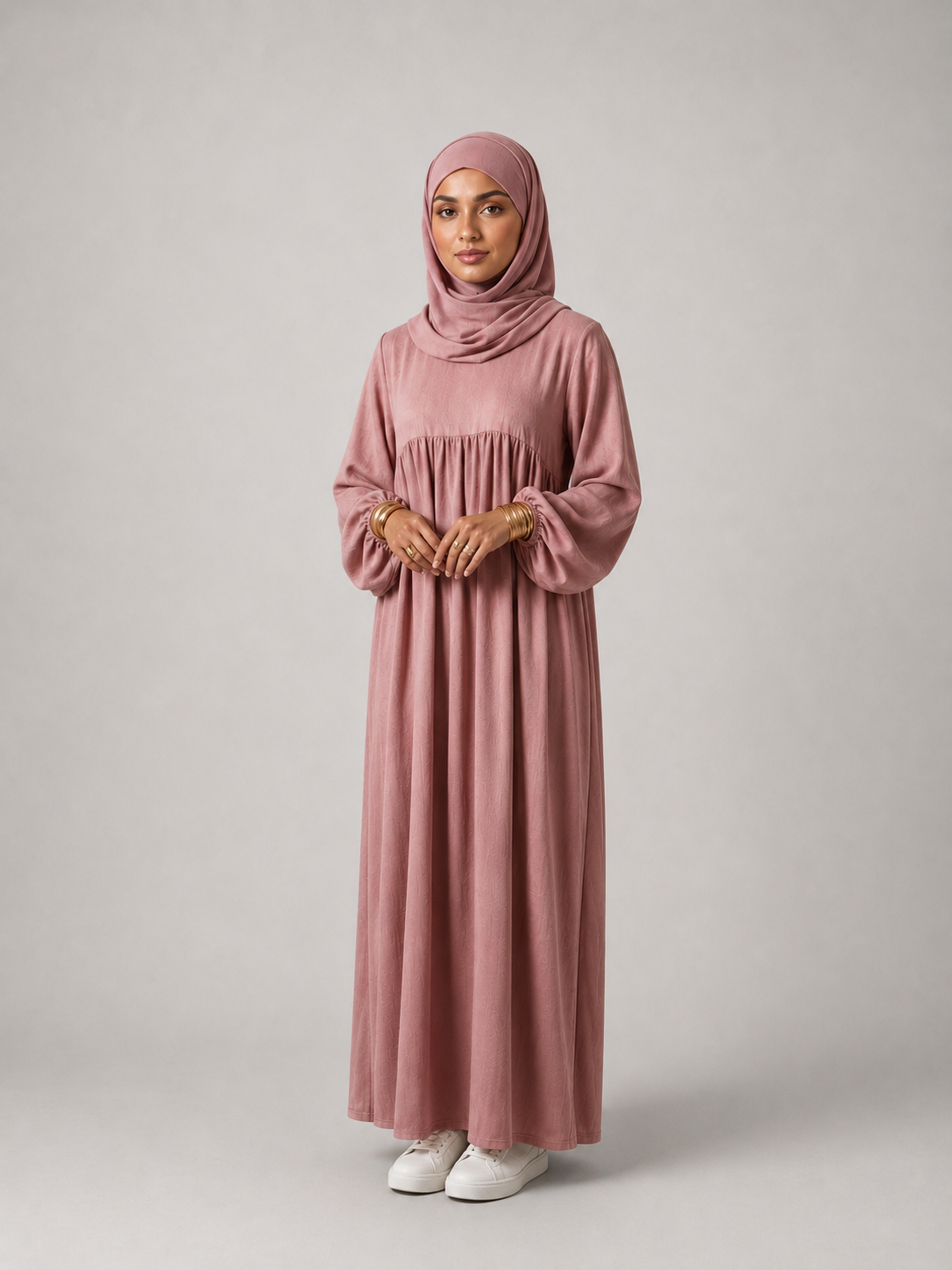 Abaya rose poudré avec manches ballon taille unique en polyester zaydin Istres 
