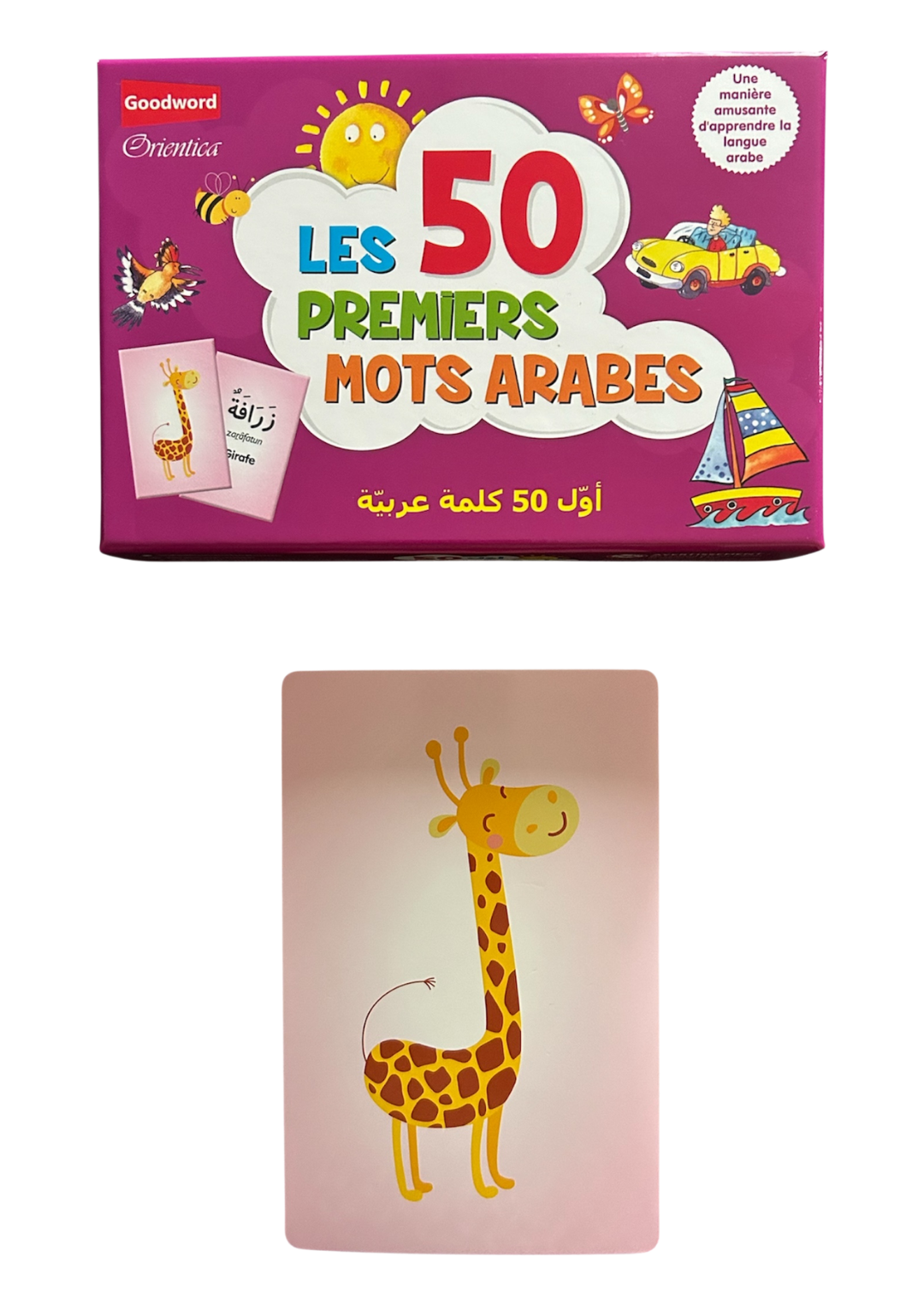 Gros plan sur les cartes du jeu éducatif, chaque carte montre un mot arabe avec illustration correspondante, édition Orientica