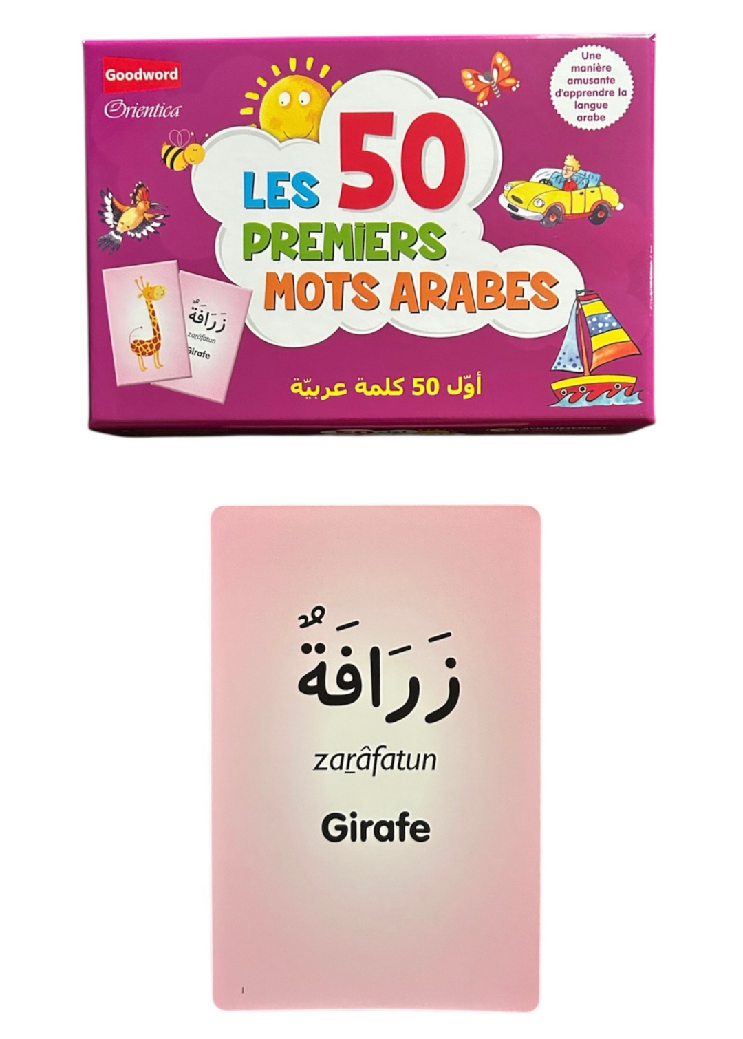 Gros plan sur les cartes du jeu éducatif, avec écritures arabe, phonétique et français chaque carte montre un mot arabe avec illustration correspondante, édition Orientica