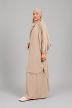 Jilbab en soie de medine beige taille unique et 2 pieces jupe