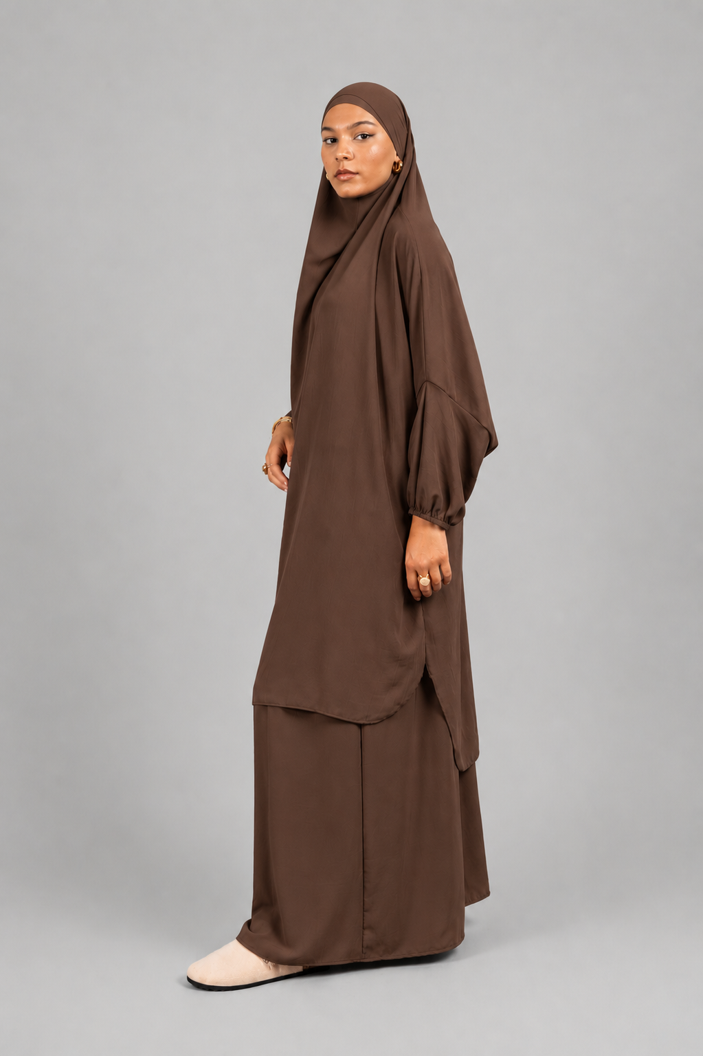 Jilbab en soie de medine marron fonce 2 pieces jupe taille unique 