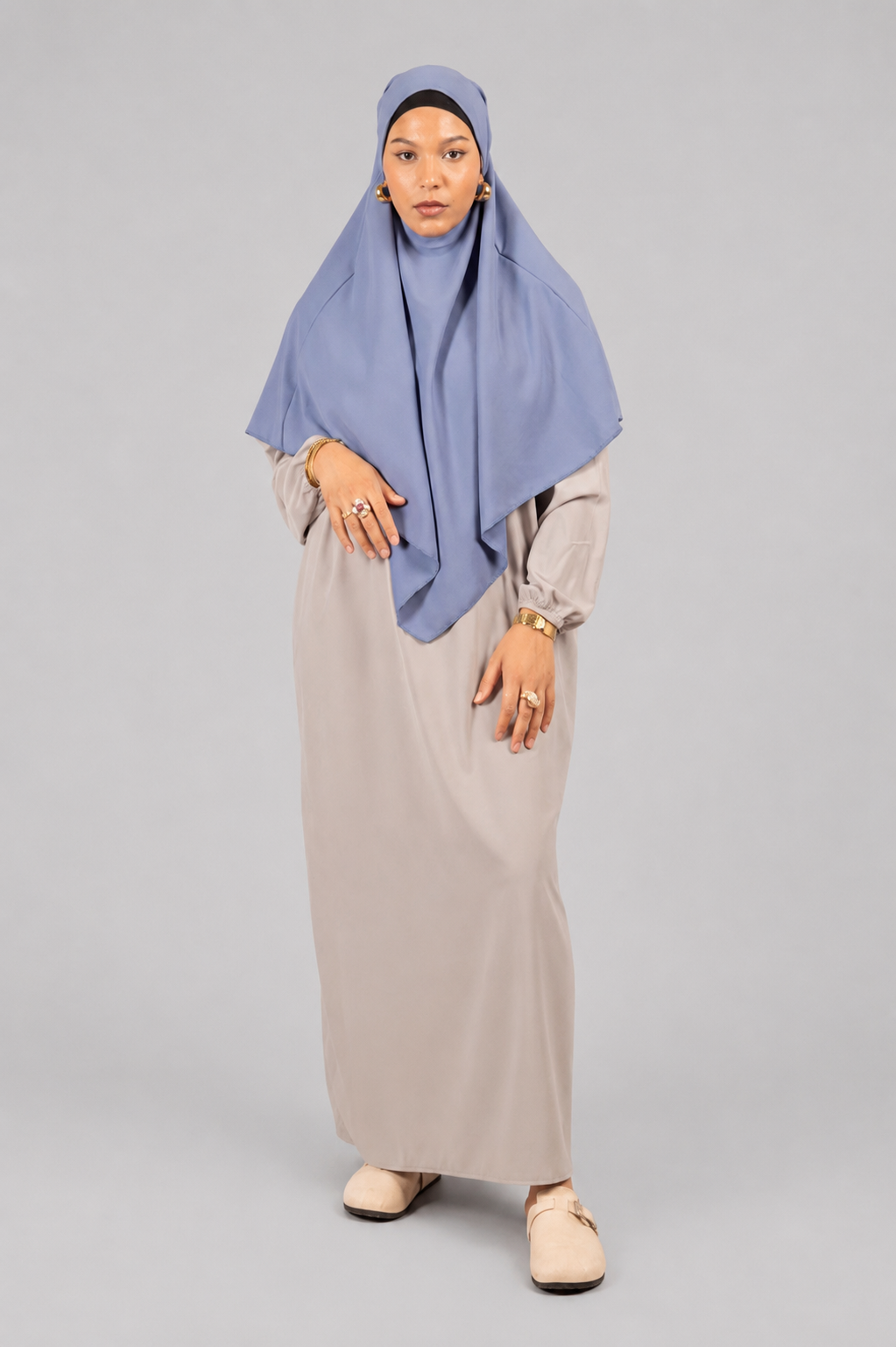Khimar 90cm bleu jean en soie de medine de face