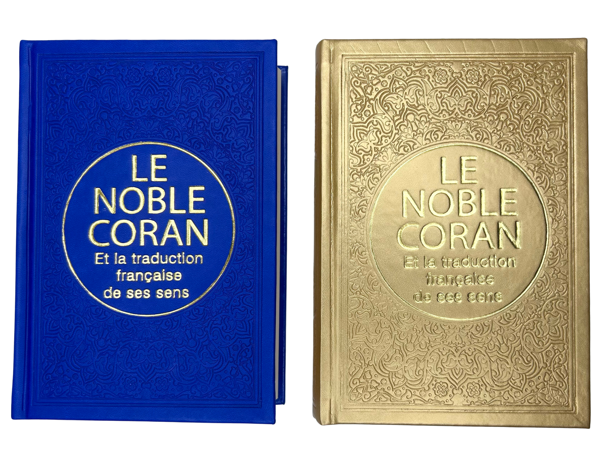 Vue de dos des Nobles Corans bleu roi et doré, édition reliée de qualité