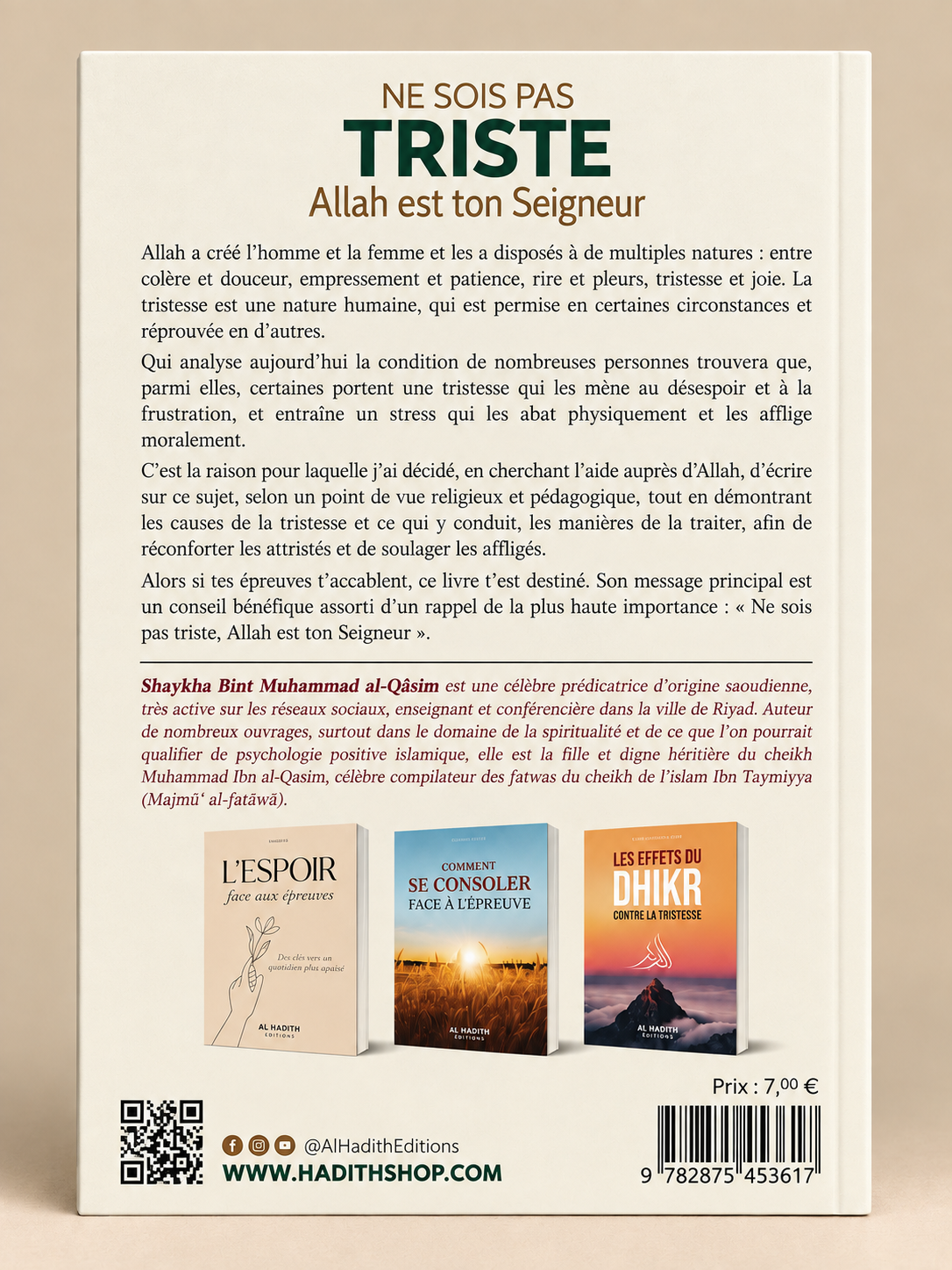 Livre Ne sois pas triste, Allah est ton Seigneur | Éditions Al-Hadîth Derrière de couverture