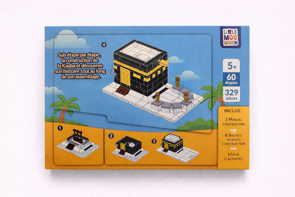 Photo de l'arrière de la boîte du jeu éducatif Ma Kaaba à construire pour enfants de + de 5ans - construisez une reproduction de la Kaaba