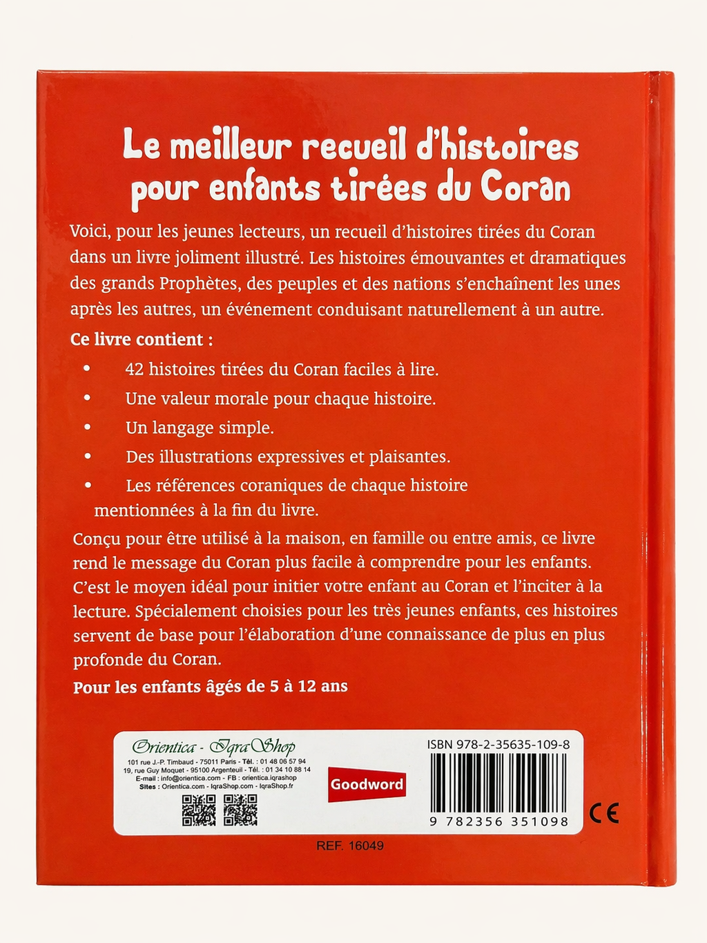 Couverture et résumé du livre éducatif pour enfants avec 42 histoires du Coran et illustrations colorées