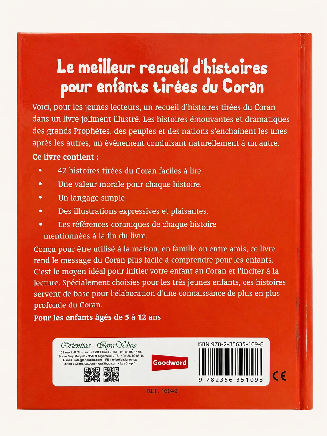 Couverture et résumé du livre éducatif pour enfants avec 42 histoires du Coran et illustrations colorées