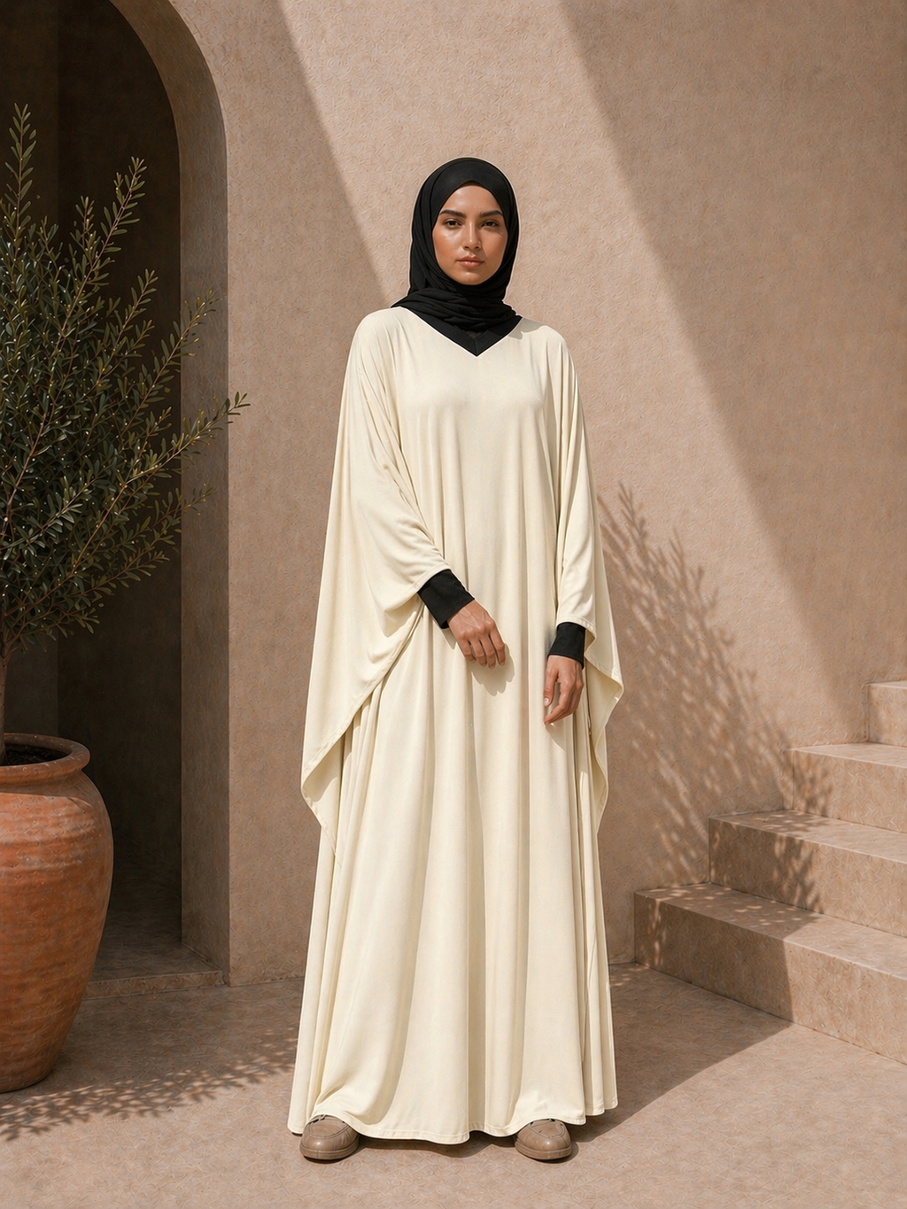 Photo d'une abaya beige 1 pièce Col V bi-colore