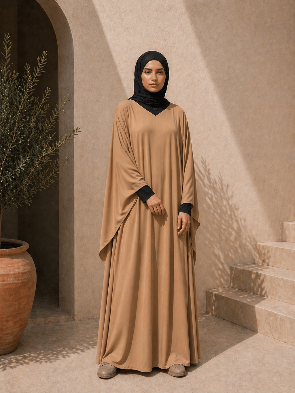 Photo d'une abaya Marron clair 1 pièce Col V bi-colore