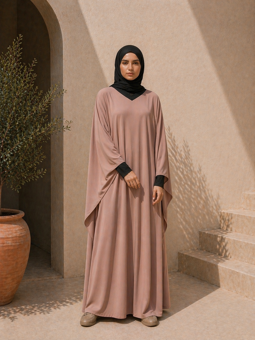 Photo d'une abaya rose 1 pièce Col V bi-colore