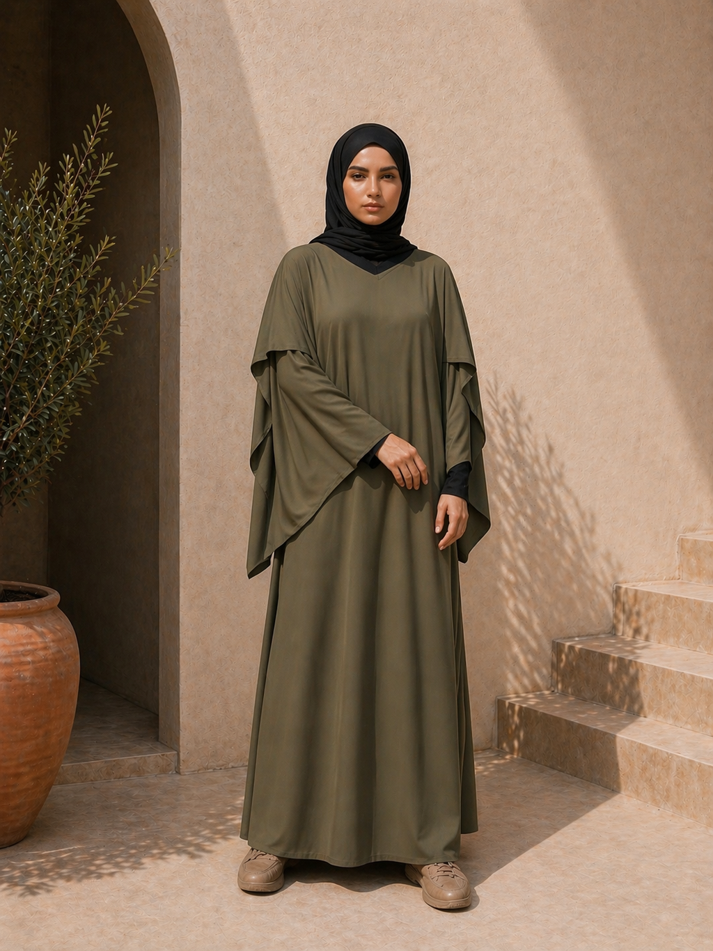 Photo d'une abaya vert kaki 1 pièce Col V bi-colore