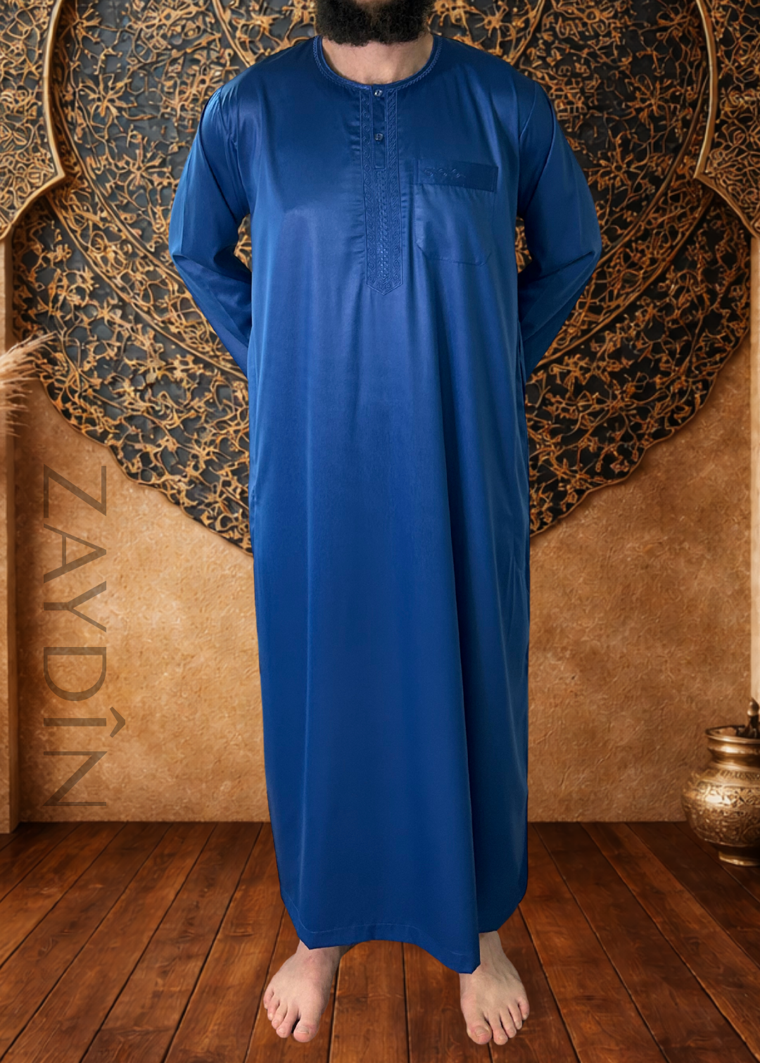 Qamis Atlas bleu roi manches longues par ZAYDÎN élégant et confortable pour homm, idéal pour la prière quotidienne, Jumu'a ou les fêtes de l'Aïd