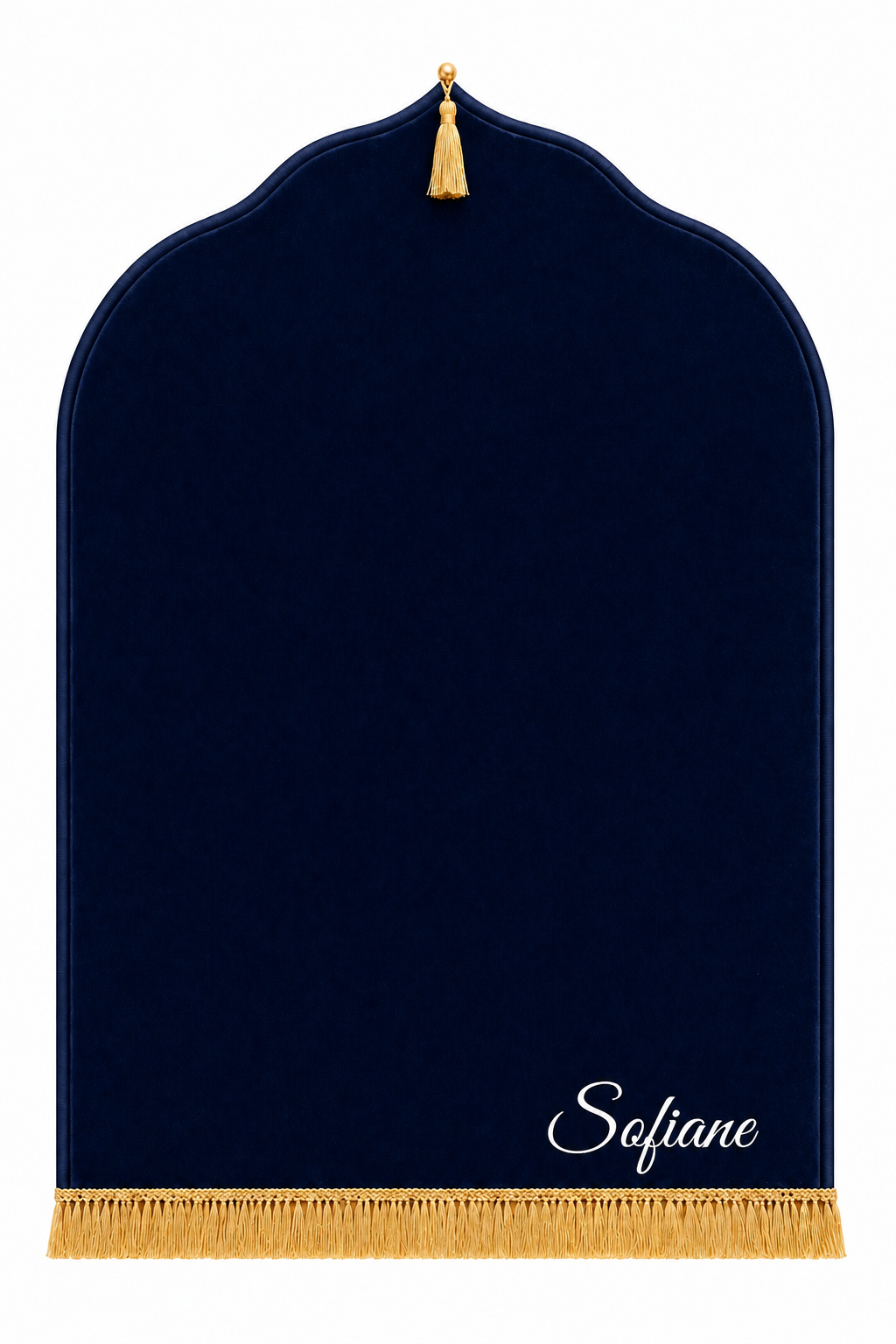 Tapis de prière bleu marine Dini ultra confortable personnalisé en blanc