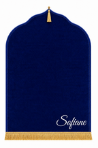 Tapis de prière bleu roi Dini ultra confortable personnalisé en blanc