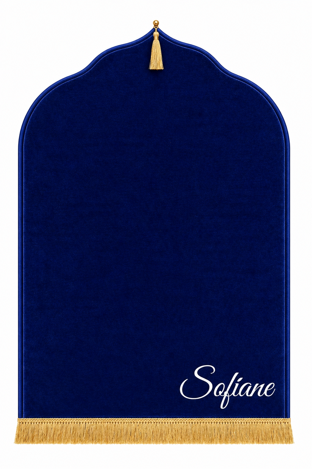 Tapis de prière bleu roi Dini ultra confortable personnalisé en blanc
