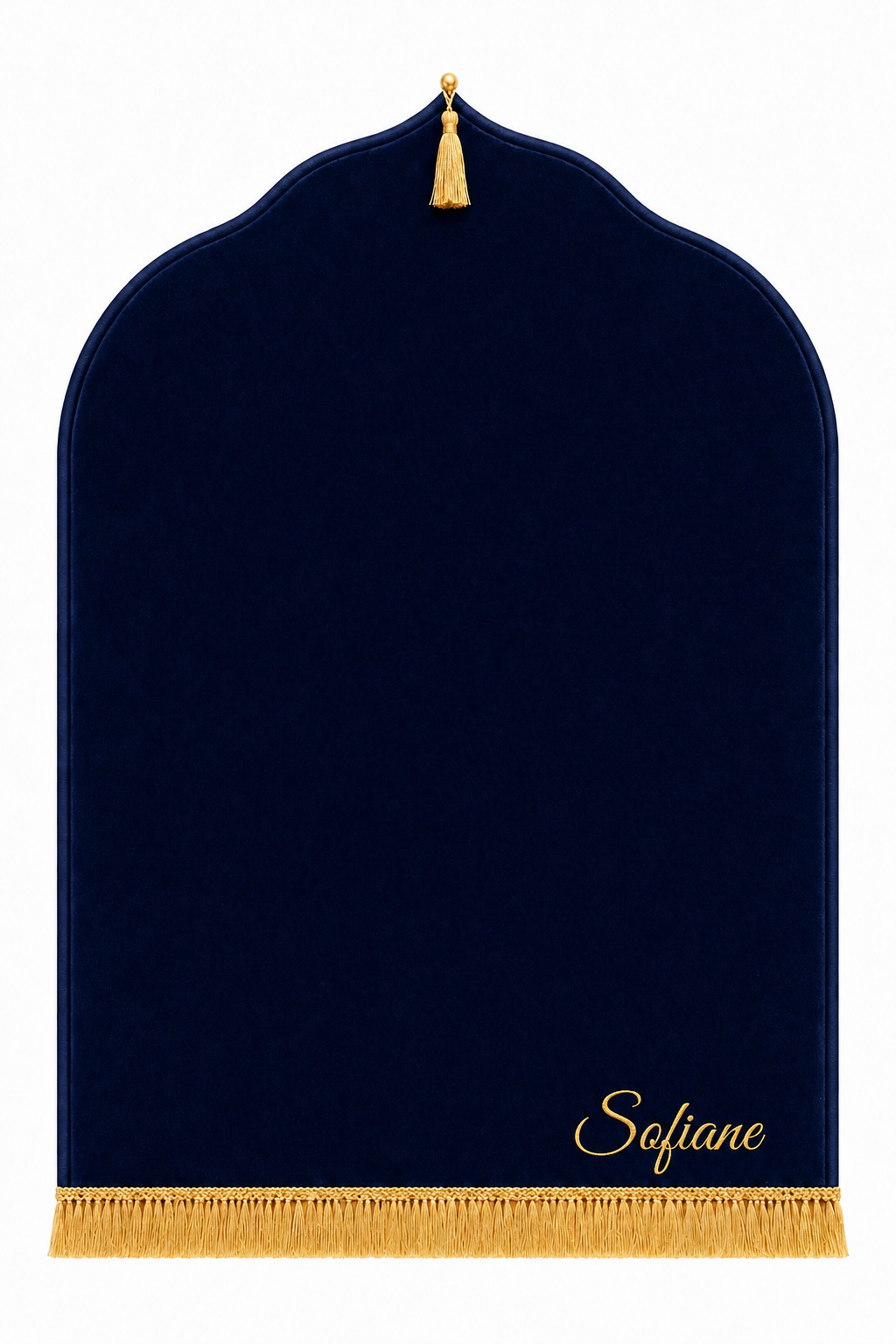 Tapis de prière bleu marine Dini ultra confortable personnalisé en doré