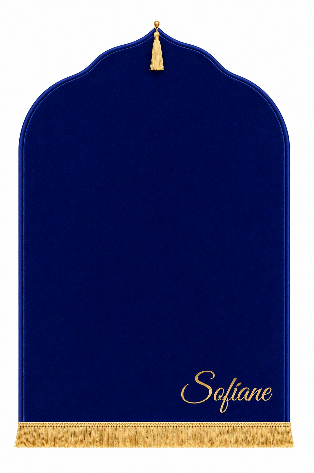 Tapis de prière bleu roi Dini ultra confortable personnalisé en doré