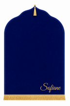 Tapis de prière bleu roi Dini ultra confortable personnalisé en doré